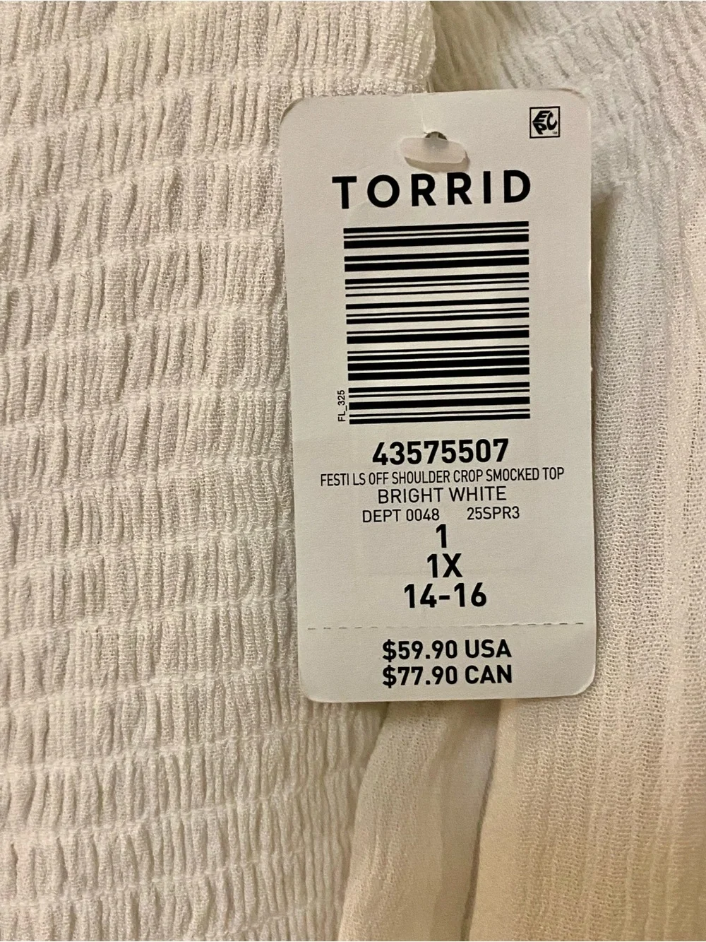 Torrid Festi White Off Shoulder Crop Top - Size 1X - NWT!